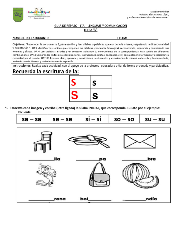 Repaso de la letra S para 1° grado | PDF | Sílaba | Escritura