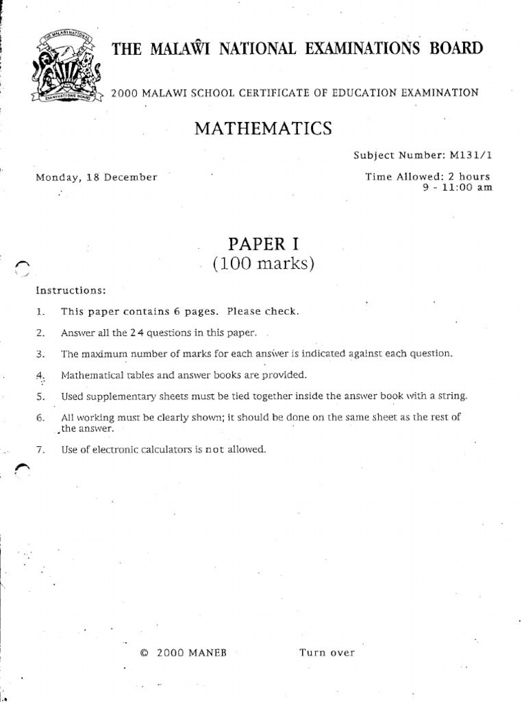 2000 Malawi Mathematics Exam Paper | PDF | Teaching Methods & Materials ...