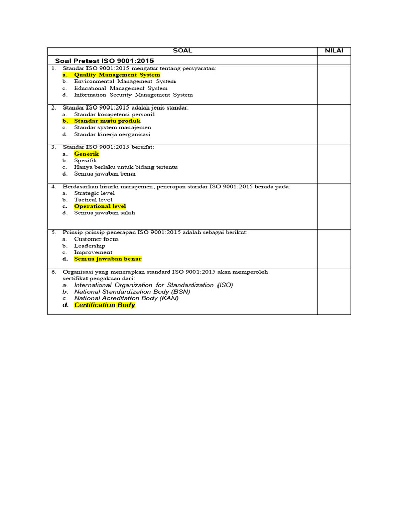 Soal Pretest dan Post Test ISO 9001:2015 | PDF