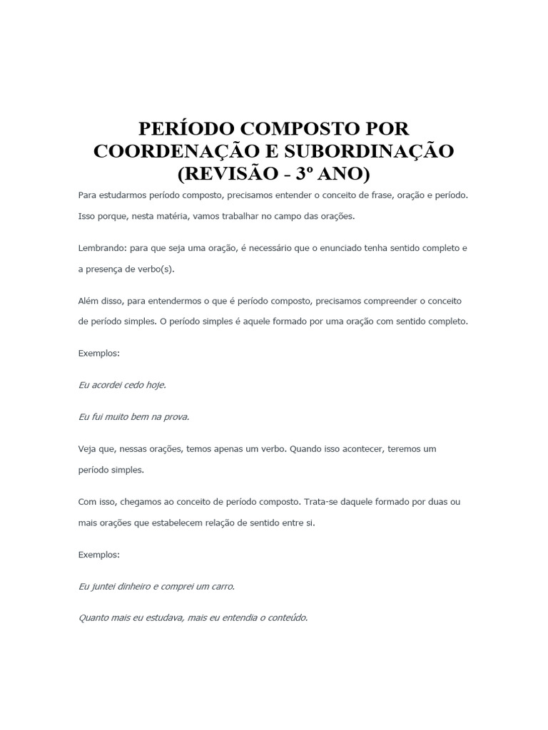 Revisão - 3º Ano (Período Composto Por Coordenação e Subordinação ...