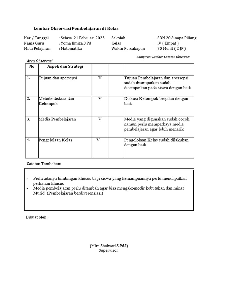 Observasi Pembelajaran Matematika Kelas IV | PDF