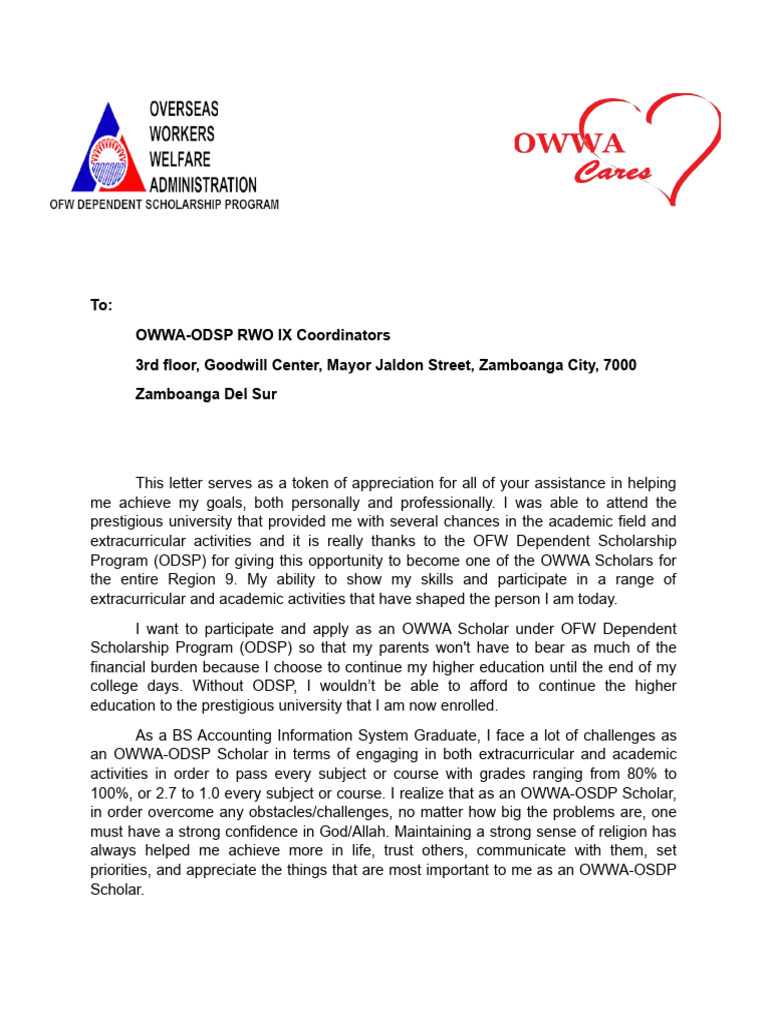 OWWA Thank You Letter | PDF | Wellness | Lifestyle