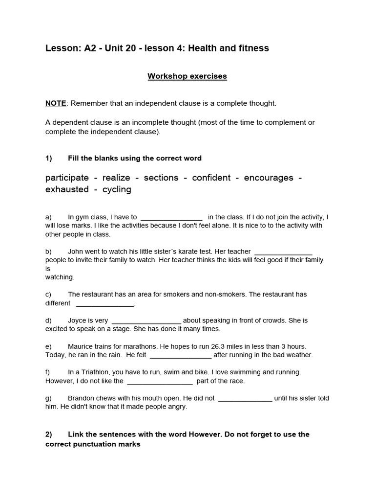 Health and Fitness Lesson A2 Unit 20 | PDF | Language Mechanics | Syntax