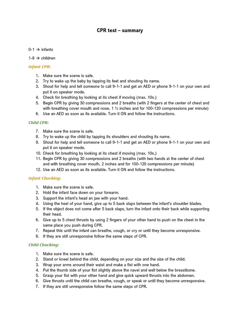 CPR Test Summary PDF Cardiopulmonary Resuscitation Clinical