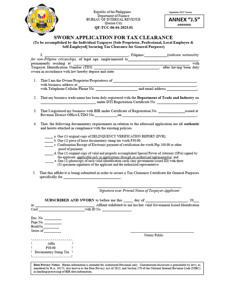 Sworn application for tax clearance for general purposes individual