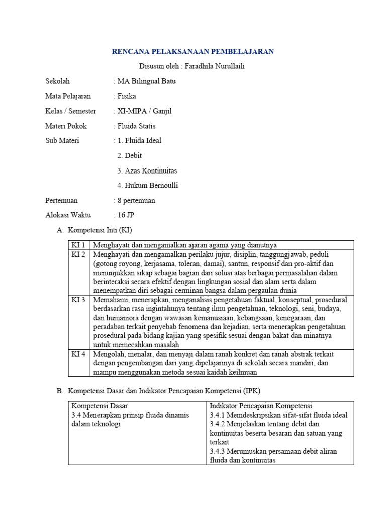 RPP Fisika: Fluida Statis Kelas XI | PDF