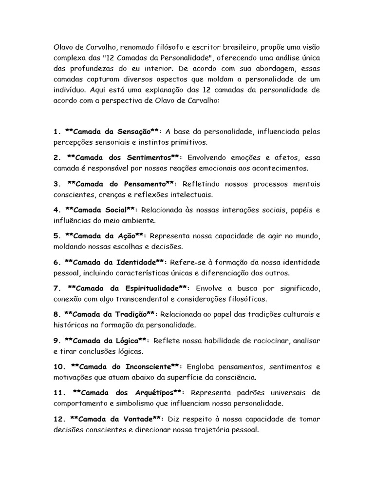 As 12 camadas da personalidade - Olavo de Carvalho | PDF