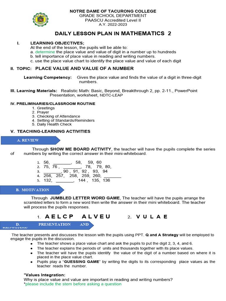 Grade 2 Math Lesson Plan: Place Value | PDF