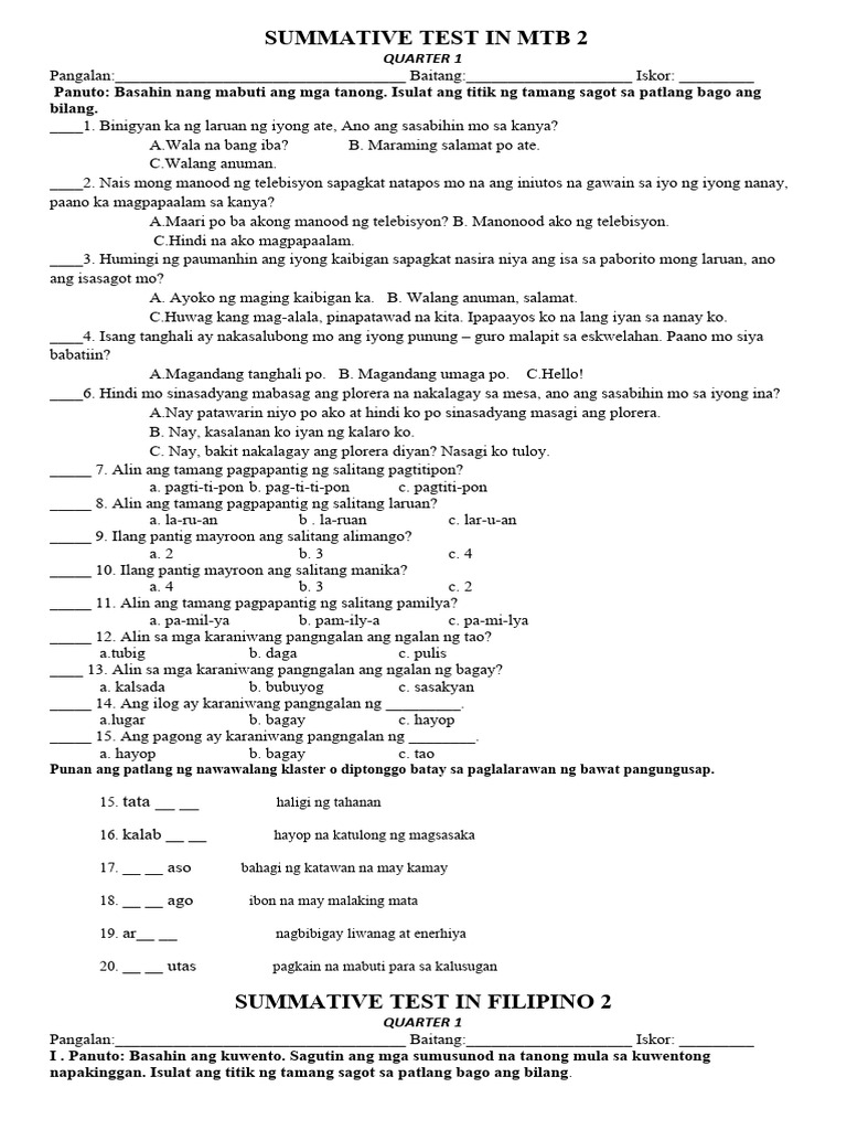 SUMMATIVE TEST IN MTB and FILIPINO 2 | PDF