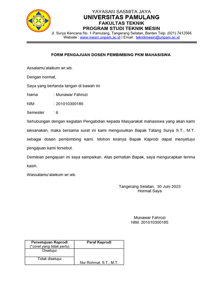 Pengajuan Dosen Pembimbing PKM Teknik Mesin | PDF