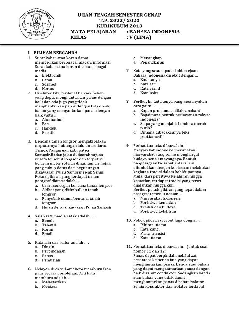 Bahasa indonesia soal pilihan berganda pdf