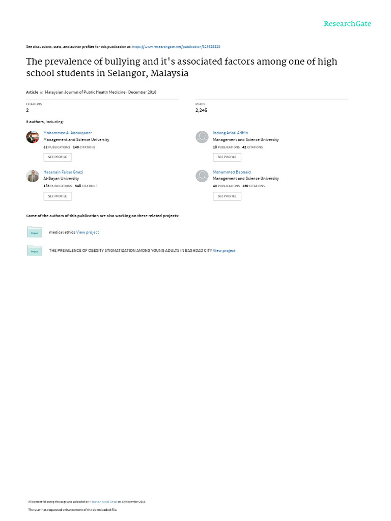 The Prevalence of Bullying and It's Associated Factors Among One of ...
