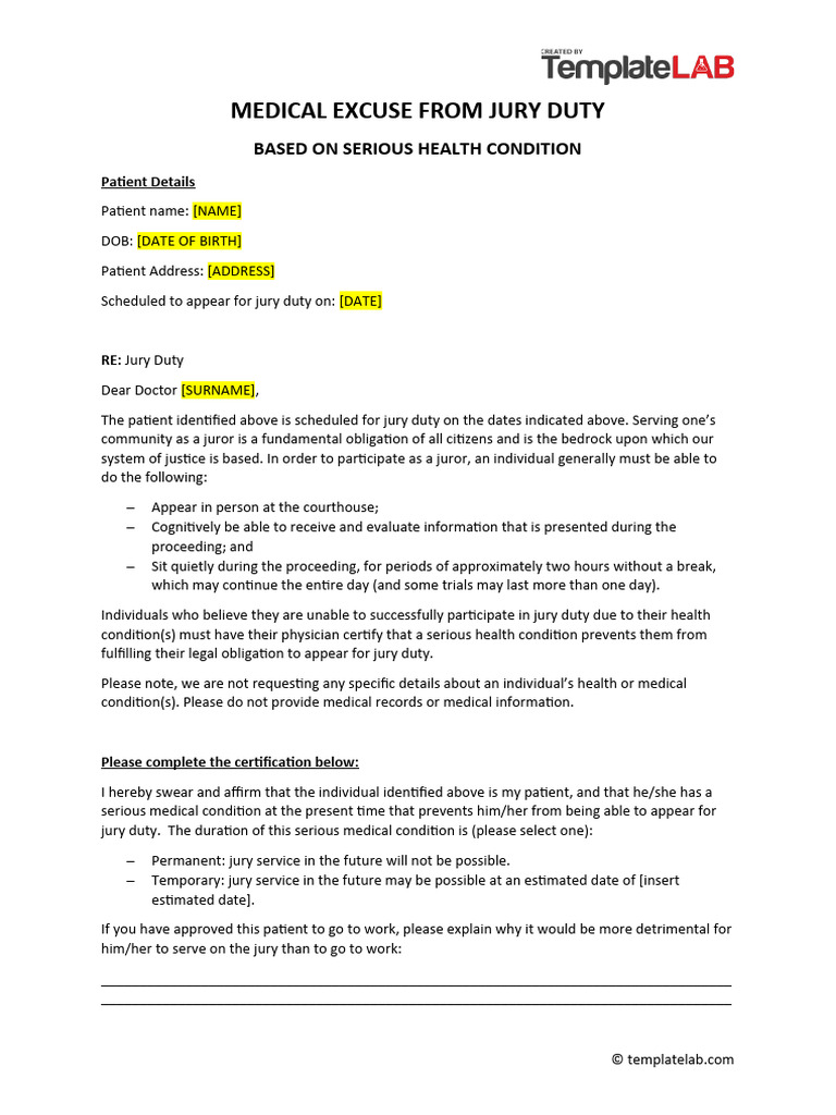 Medical Excuse From Jury Duty Template | PDF | Physician | Public 