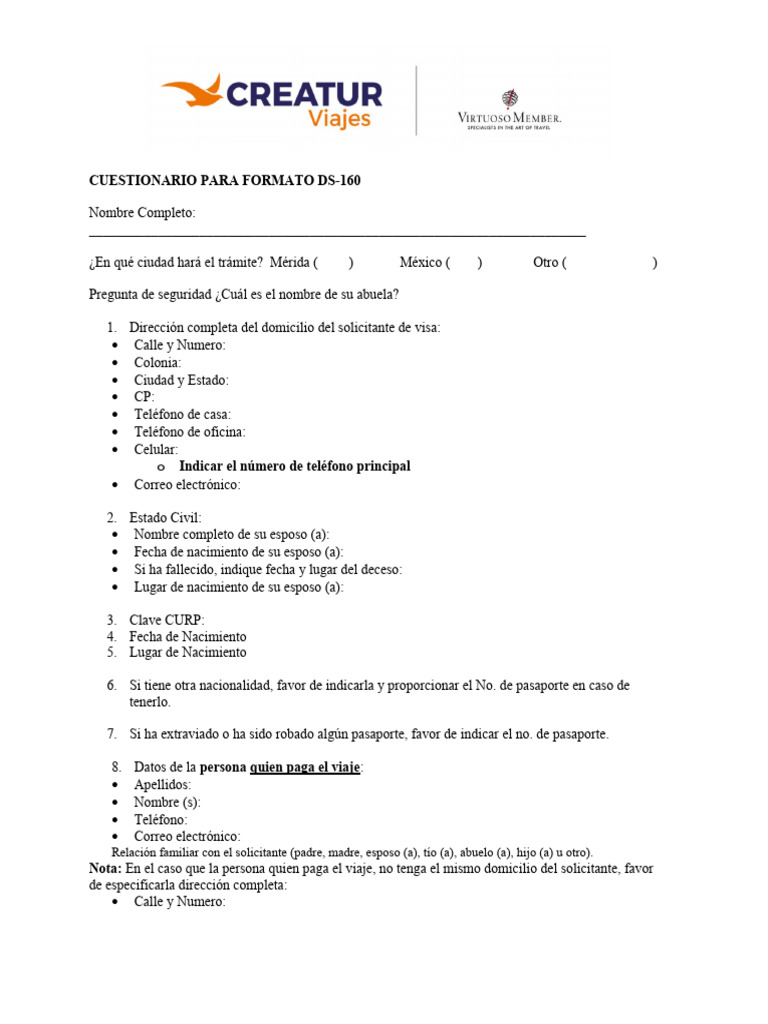 Cuestionario para Forma DS-160 | PDF | Visa de viaje
