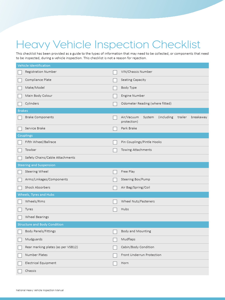 Heavy Vehicle Inspection Checklist Template PDF Truck Vehicles
