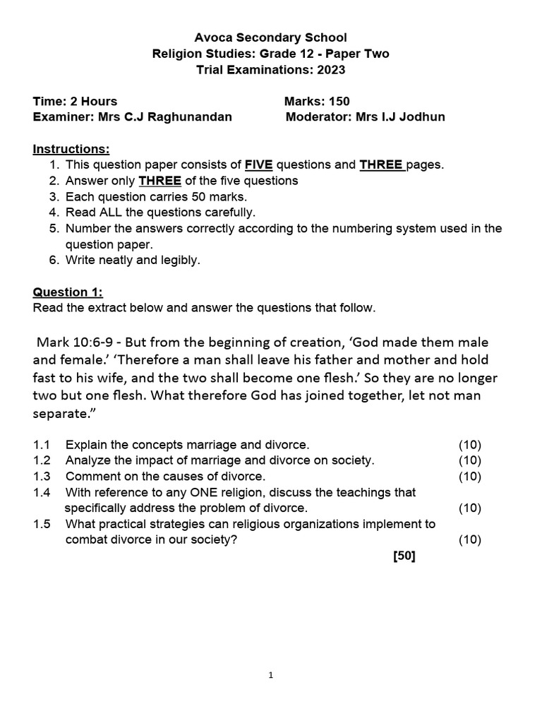 Avoca Secondary School GR 12 Religion Studies Trial Exam Paper 2 2023