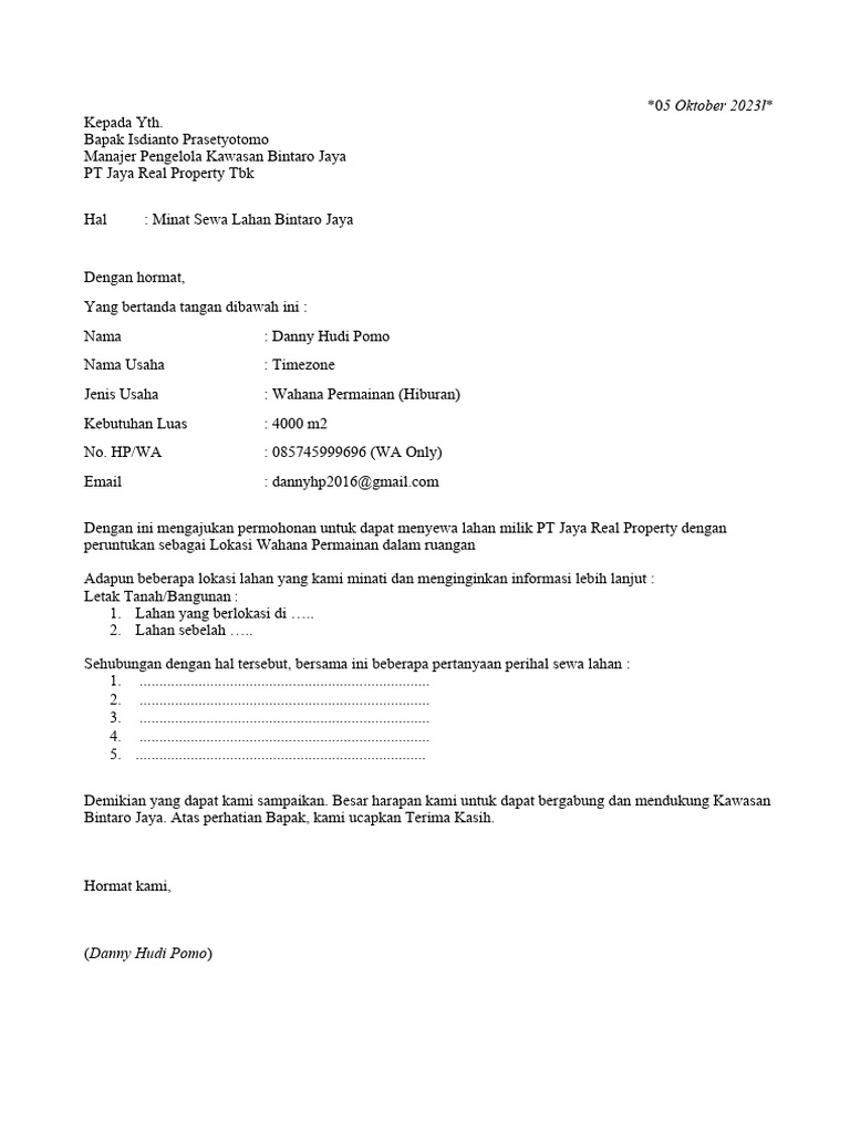 Surat Permohonan Sewa Lahan Bintaro | PDF | Game & Aktivitas