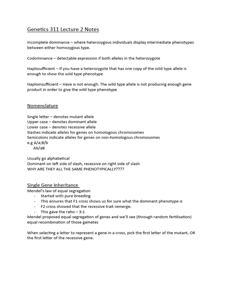Genetics 311 Lecture 2 Notes | PDF