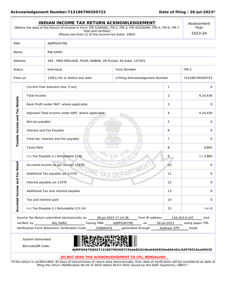 Indian Tax Return Acknowledgement Acknowledgement Number