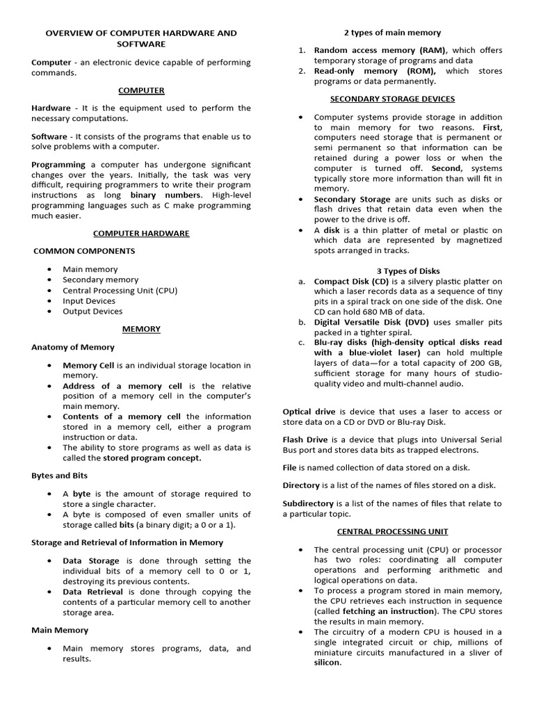 Overview of Computer Hardware and Software | PDF