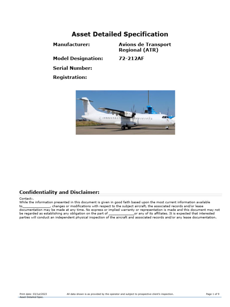 Aircraft - SpecSheetDetails - ATR72-8 02.07.2023 v2 | PDF | Lease ...