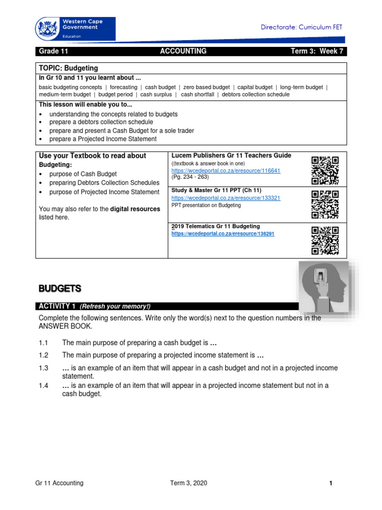 Grade 11 Cash Budgeting Guide | PDF | Expense | Debt