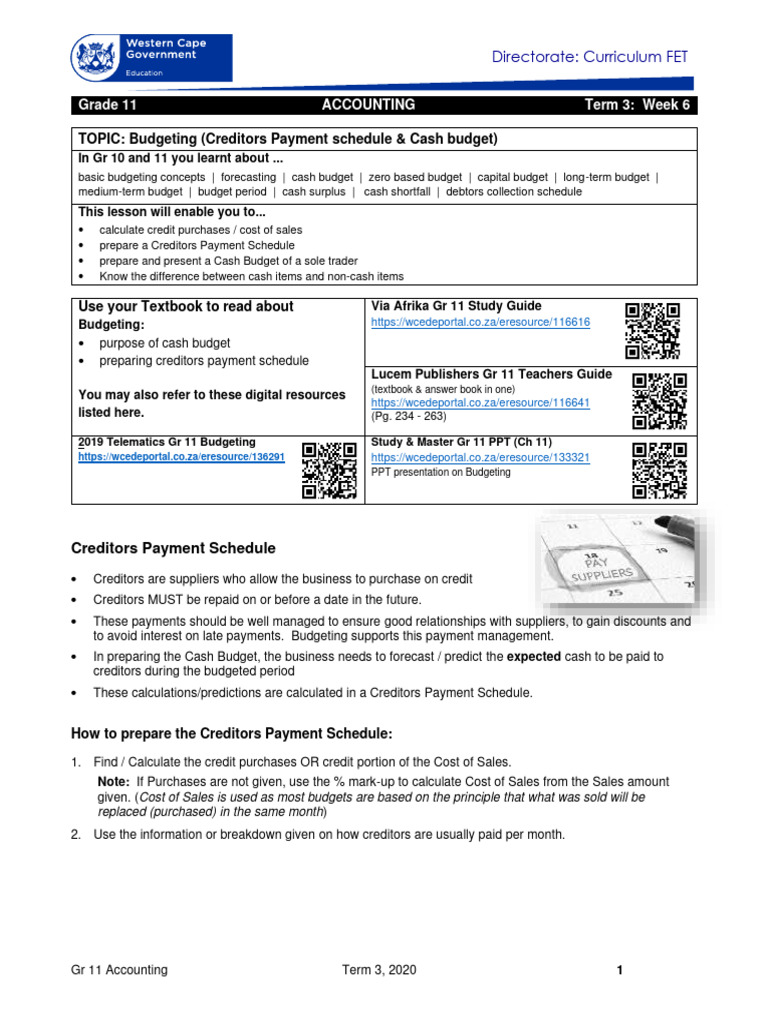 Grade 11 Cash Budgeting Guide | PDF | Discounting | Payments