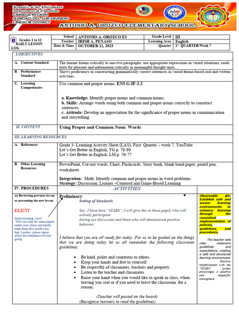 Cot English 3 Q1 Common Nouns Proper Final PDF Mathematics Learning