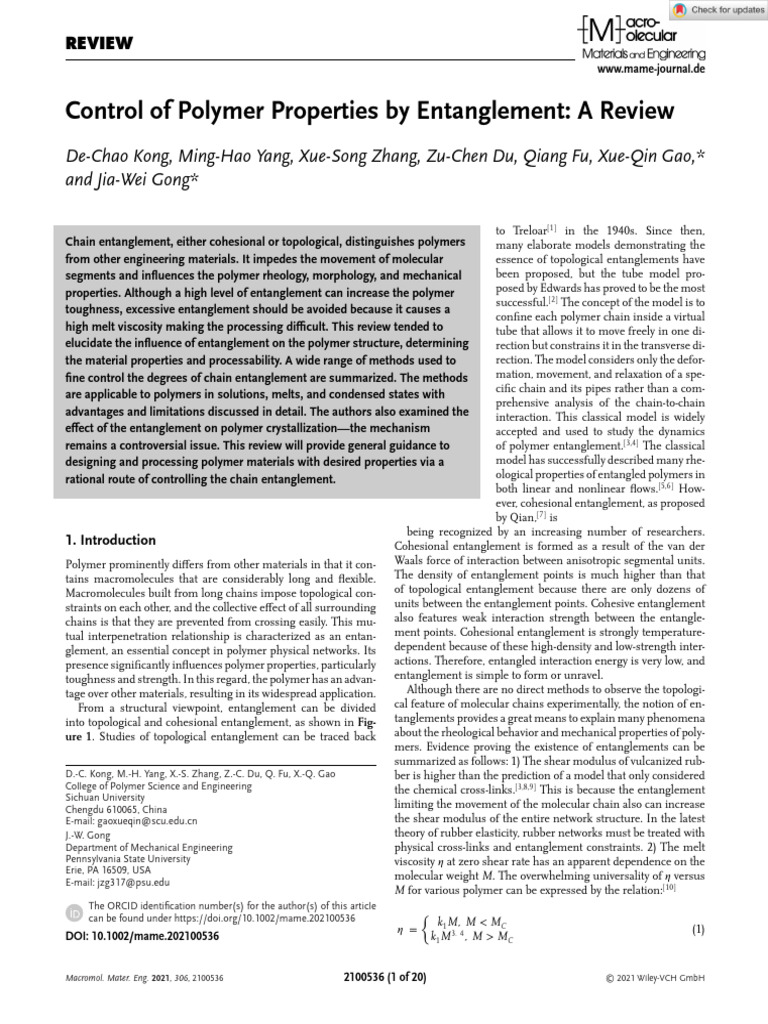 Controlling Polymer Properties via Entanglement | PDF | Polymers ...