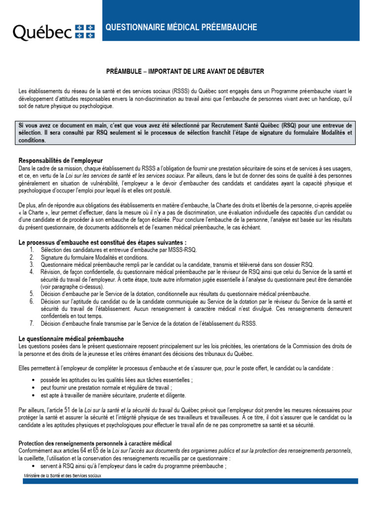 Questionnaire médical préembauche Québec | PDF | Santé mentale | Infection