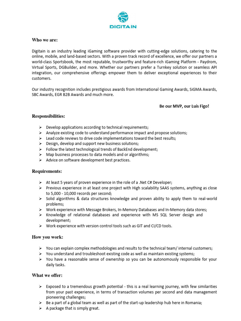 Job Description For Senior Developer Digitain Romania PDF Databases Software As A Service