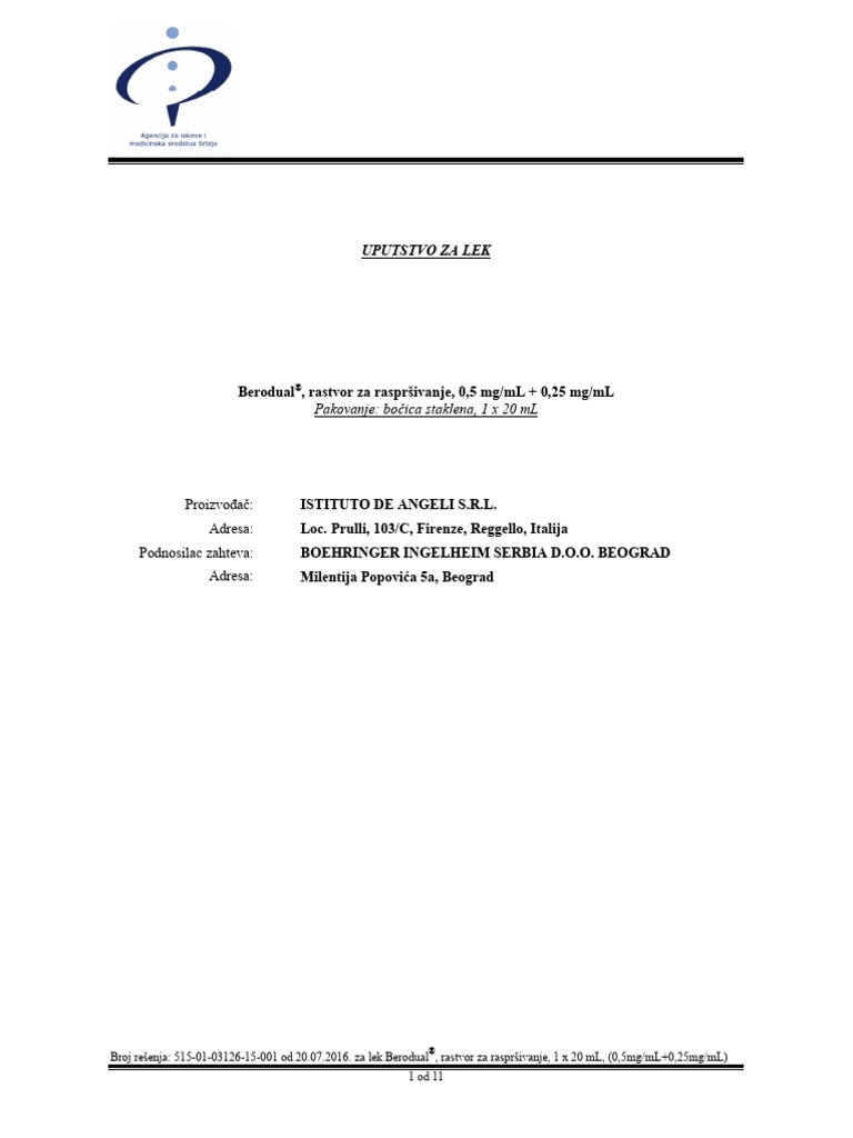 Berodual, Rastvor Za Raspršivanje, 0,5 MG/ML + 0,25 MG/ML | PDF