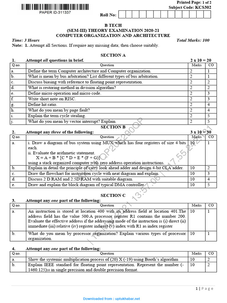 BTech Computer Organization Exam QP | PDF | Central Processing Unit ...