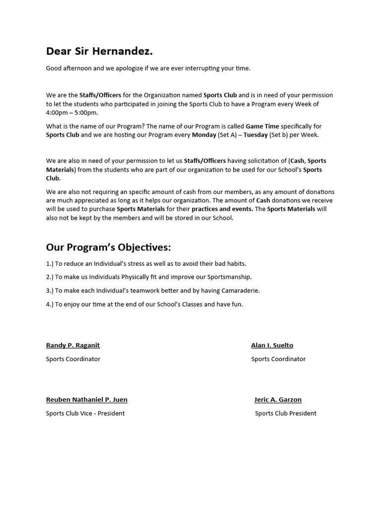 Sports Clubs Permission Letter PDF