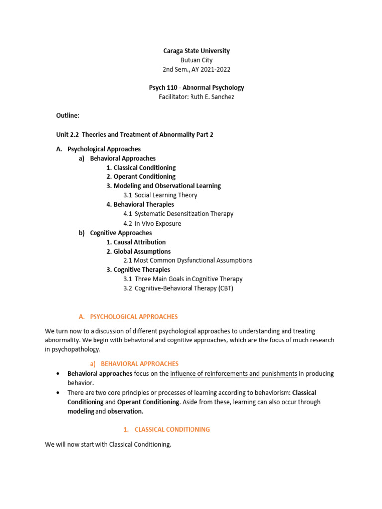 Theories and Treatments in Abnormal Psychology | PDF | Classical ...