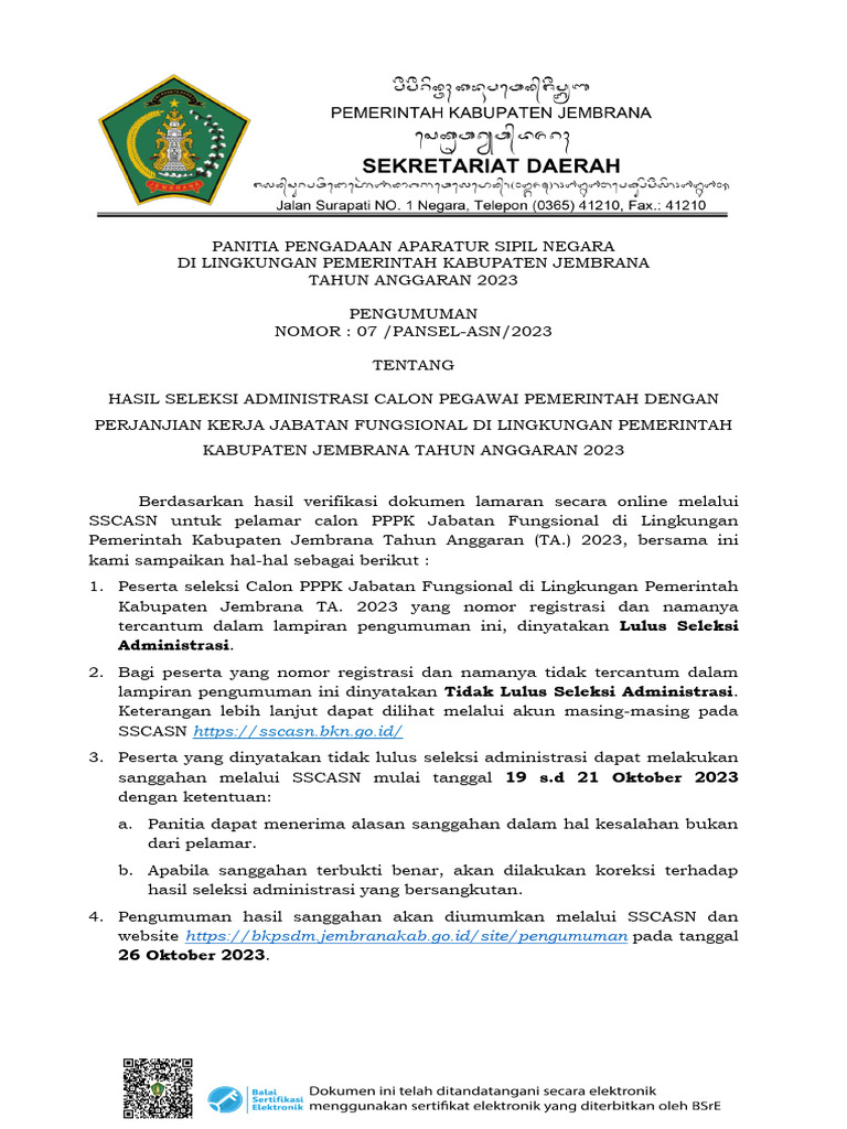 Bkpsdm pengumuman hasil seleksi administrasi p3k jf tahun 2023 pdf