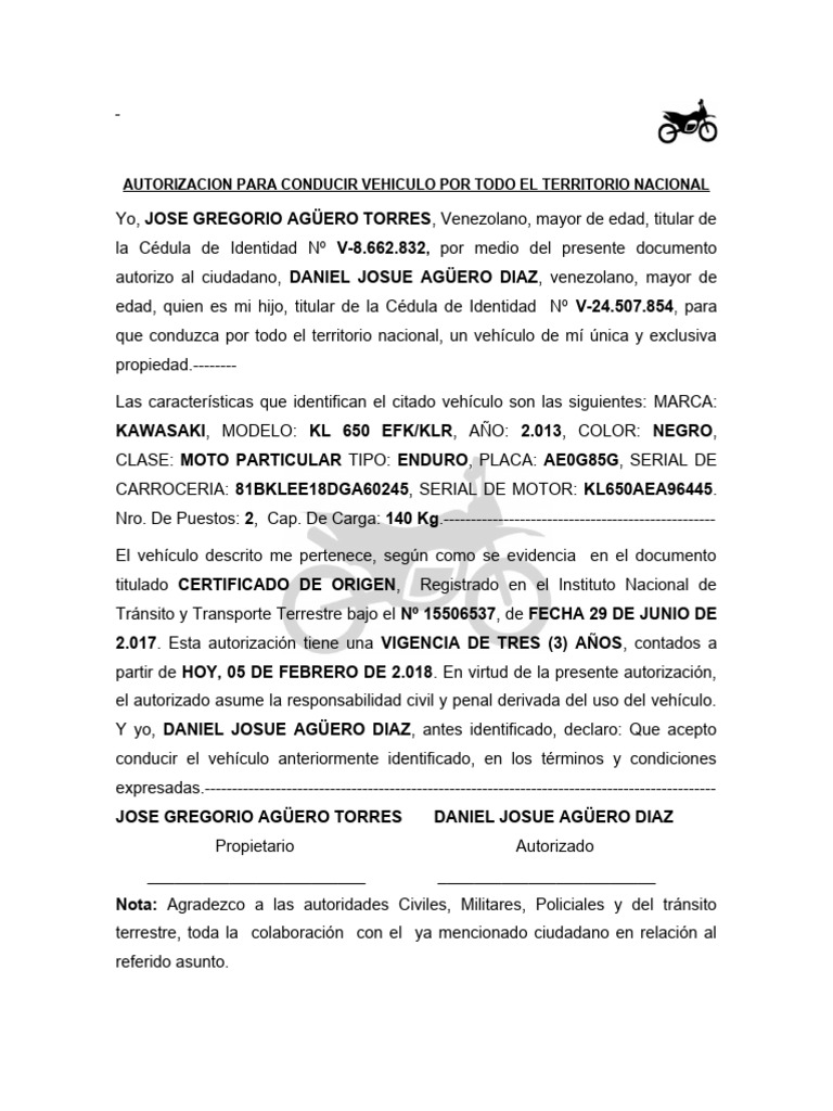 Autorizacion de Conduccion Vehícular ENDURO PDF