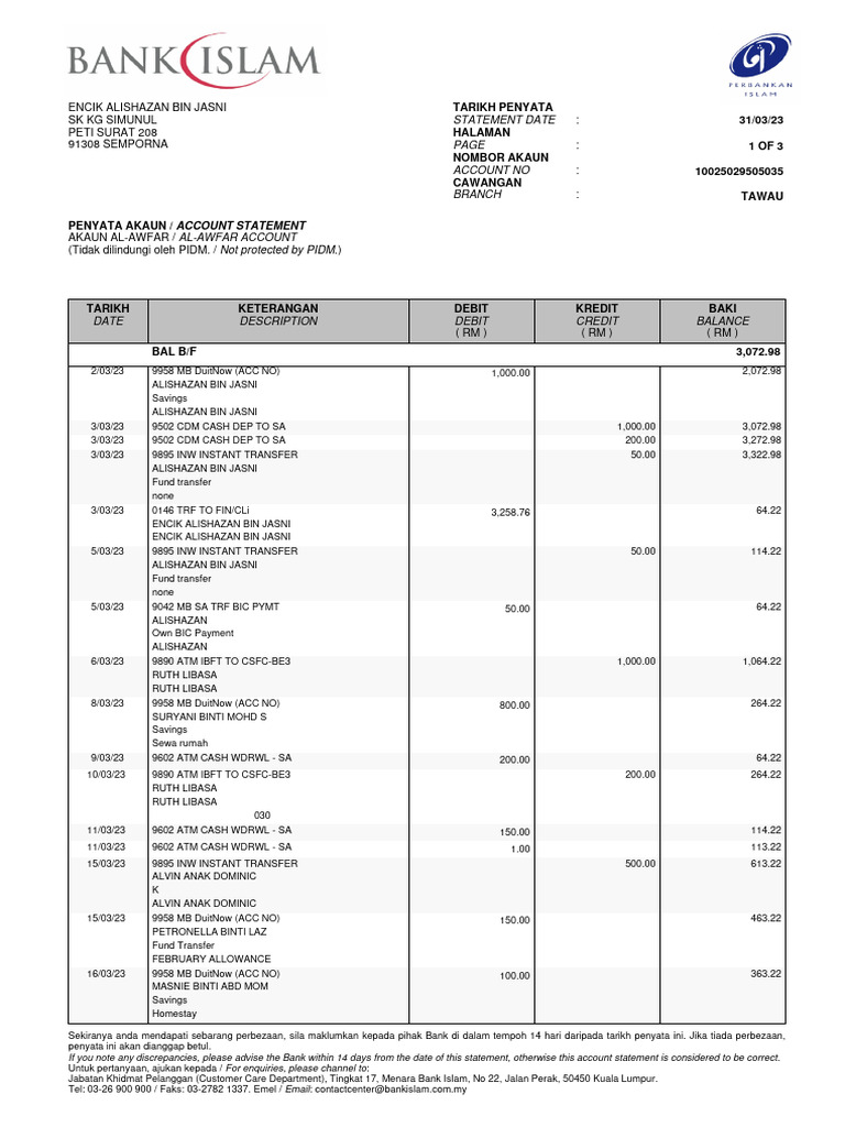 March 2023 Al-Awfar Account Statement | PDF