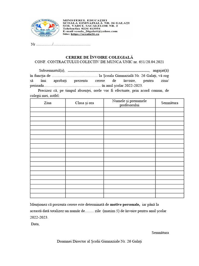 Model Cerere Invoire Colegiala | PDF