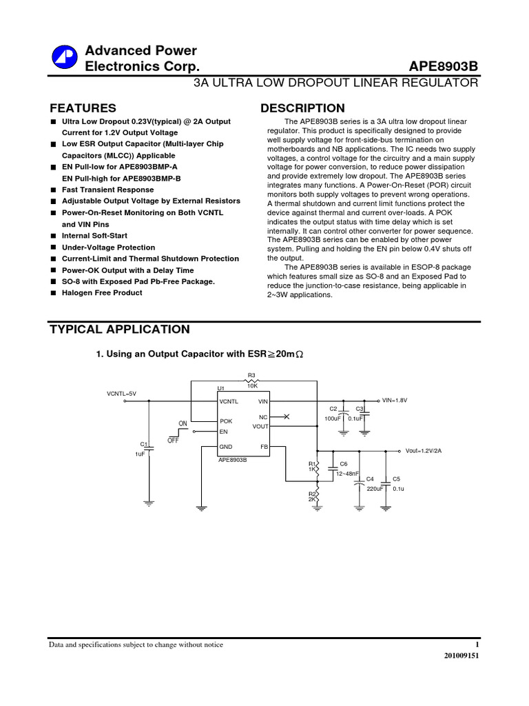 APE8903B Ultra Low Dropout Regulator | PDF