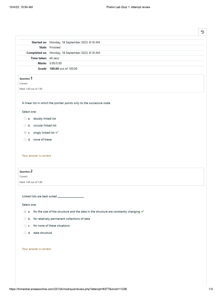 Linked List Concepts Quiz Review Pdf Algorithms And Data Structures