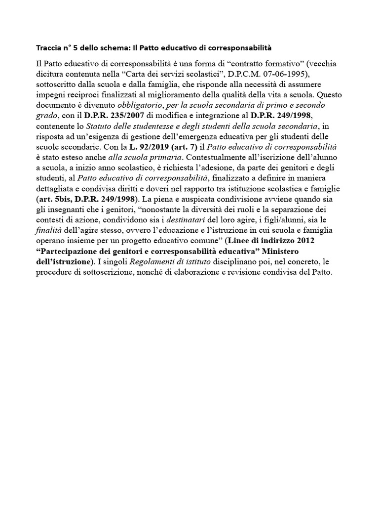 Traccia 5 Dello Schema Argomenti, Il Patto Educativo Di ...