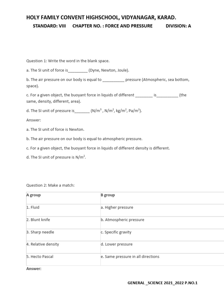 Force and Pressure Concepts for Grade VIII | PDF | Buoyancy | Force