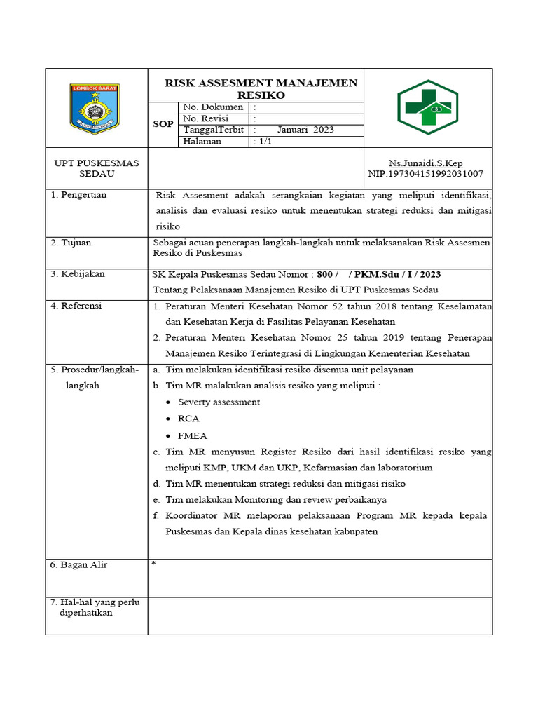 Sop Risk Manajemen MR | PDF | Pengembangan Diri
