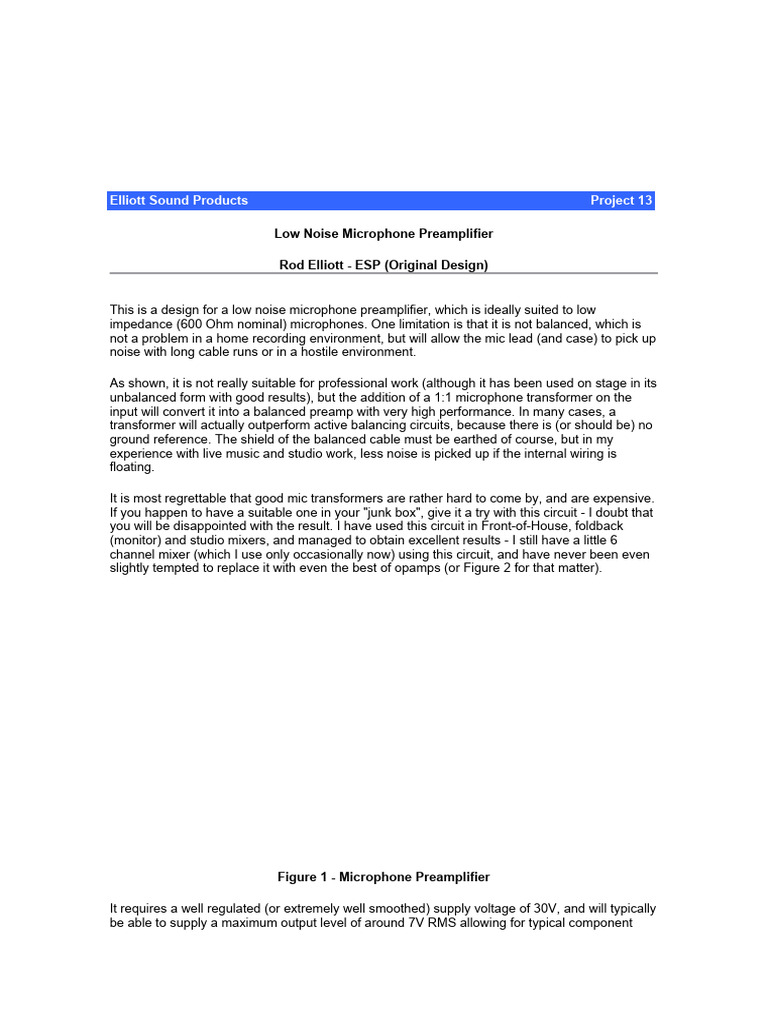 Low Noise Microphone Preamplifier Design | PDF | Microphone | Amplifier