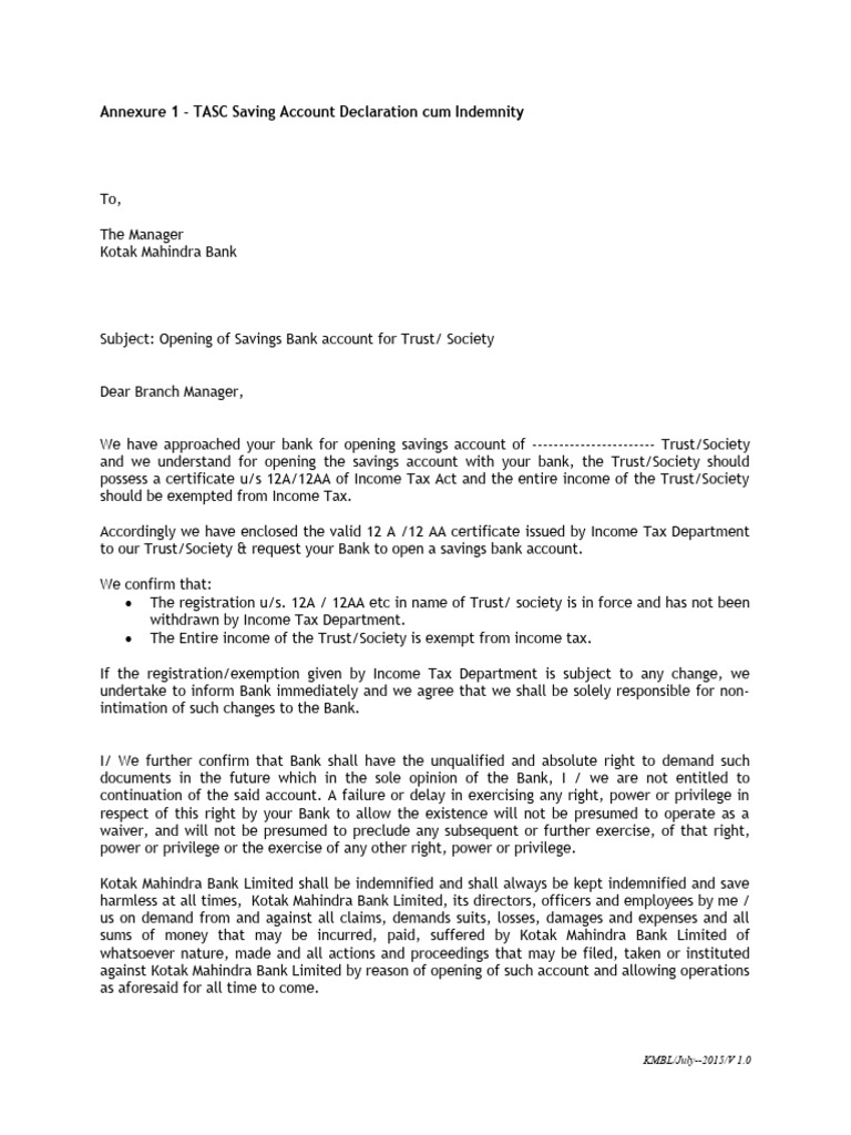 Annexure 1 - TASC Savings Acc Declaration | PDF | Indemnity | Trust Law