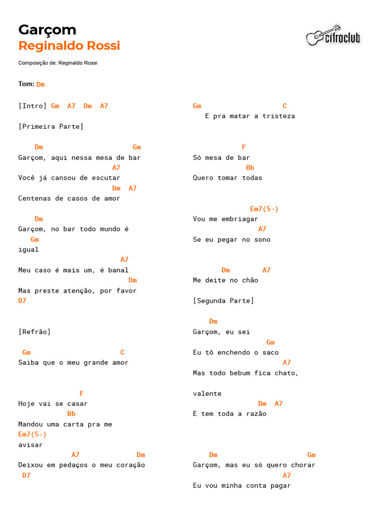 Cifra Club Reginaldo Rossi Garçom PDF