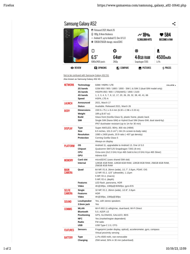Samsung Galaxy A52 - Full Phone Specifications | PDF