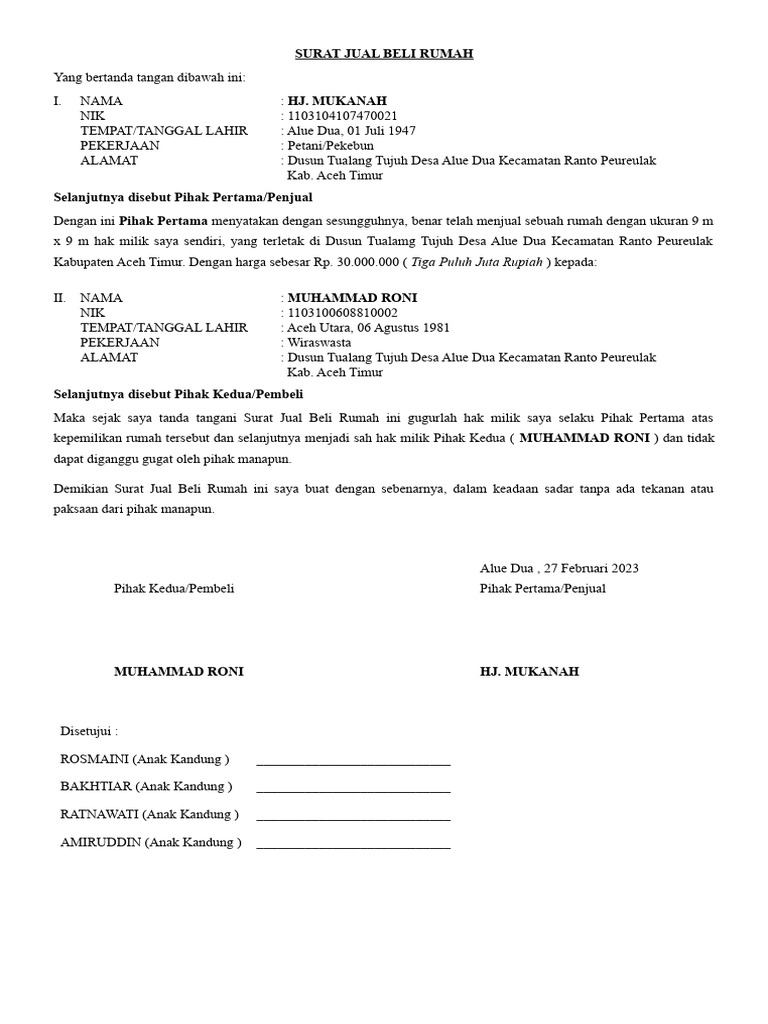 Surat Jual Beli Rumah | PDF