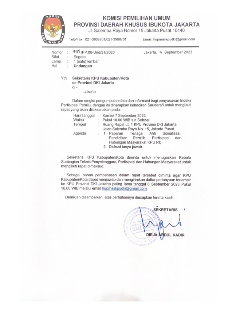 4118 Undangan Rapat IPP Kepada Sekretaris KPU KabKota | PDF